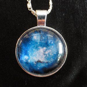 New World Glass Necklace Astro Galactic Cabochon Pendant Silver-tone Unisex 18"